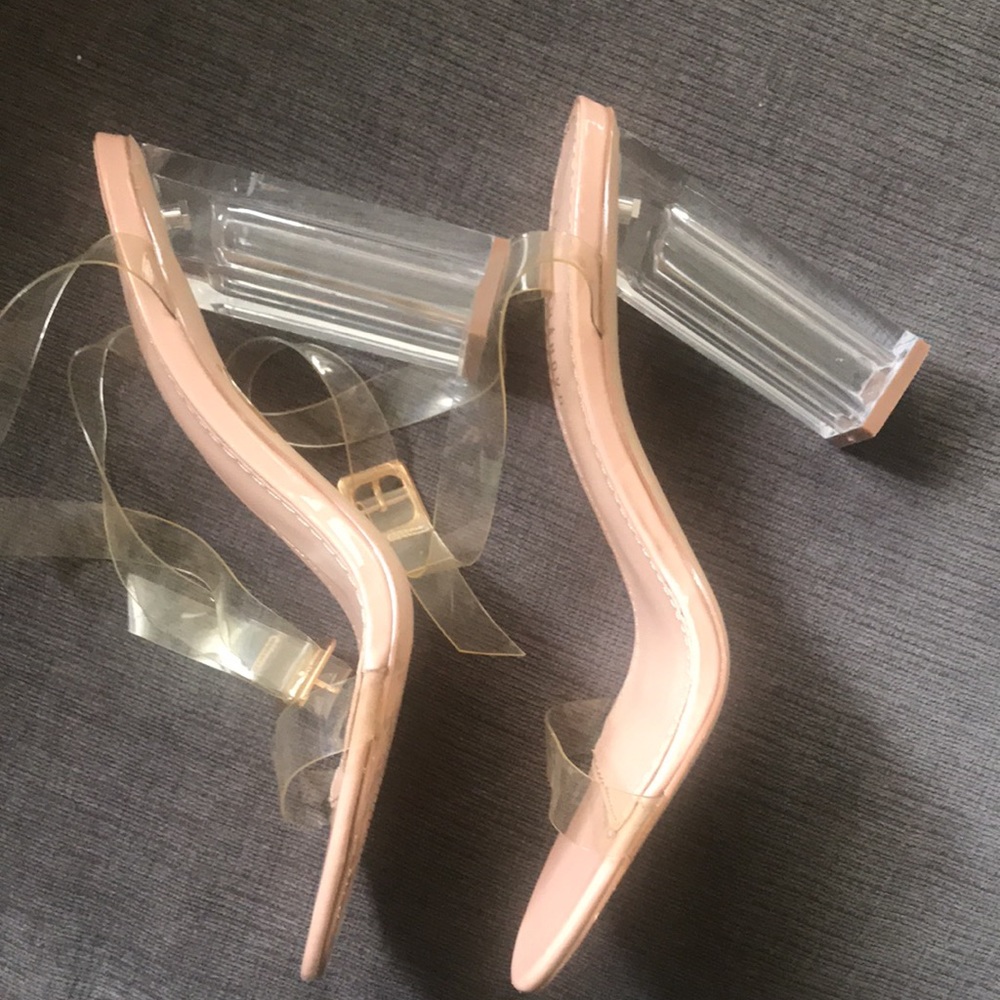 Fashion Nova Maria The Glass Slipper ankle wrap Lucite Heeled Sandal 7.5
